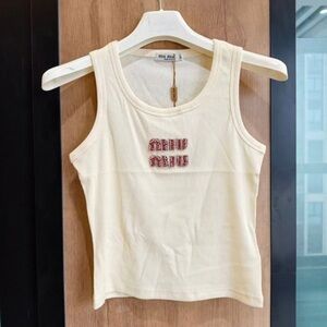 Miu Miu Cream Ribbed Tank with Pink Beaded Logo Detail